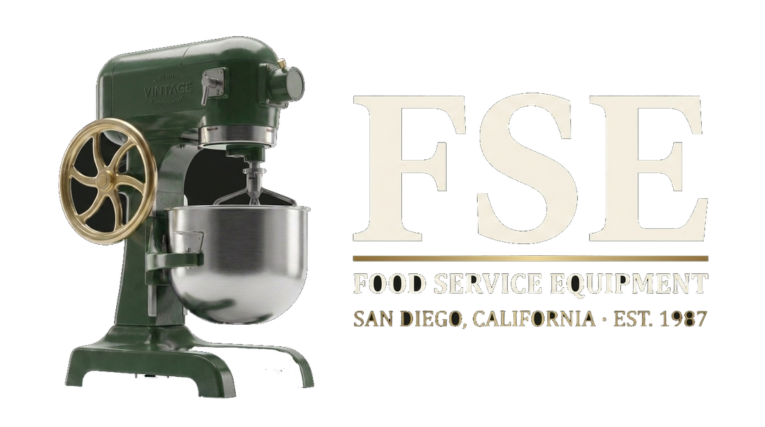 FSE — Food Service Equipment: vintage green mixer with brass flywheel beside the FSE wordmark