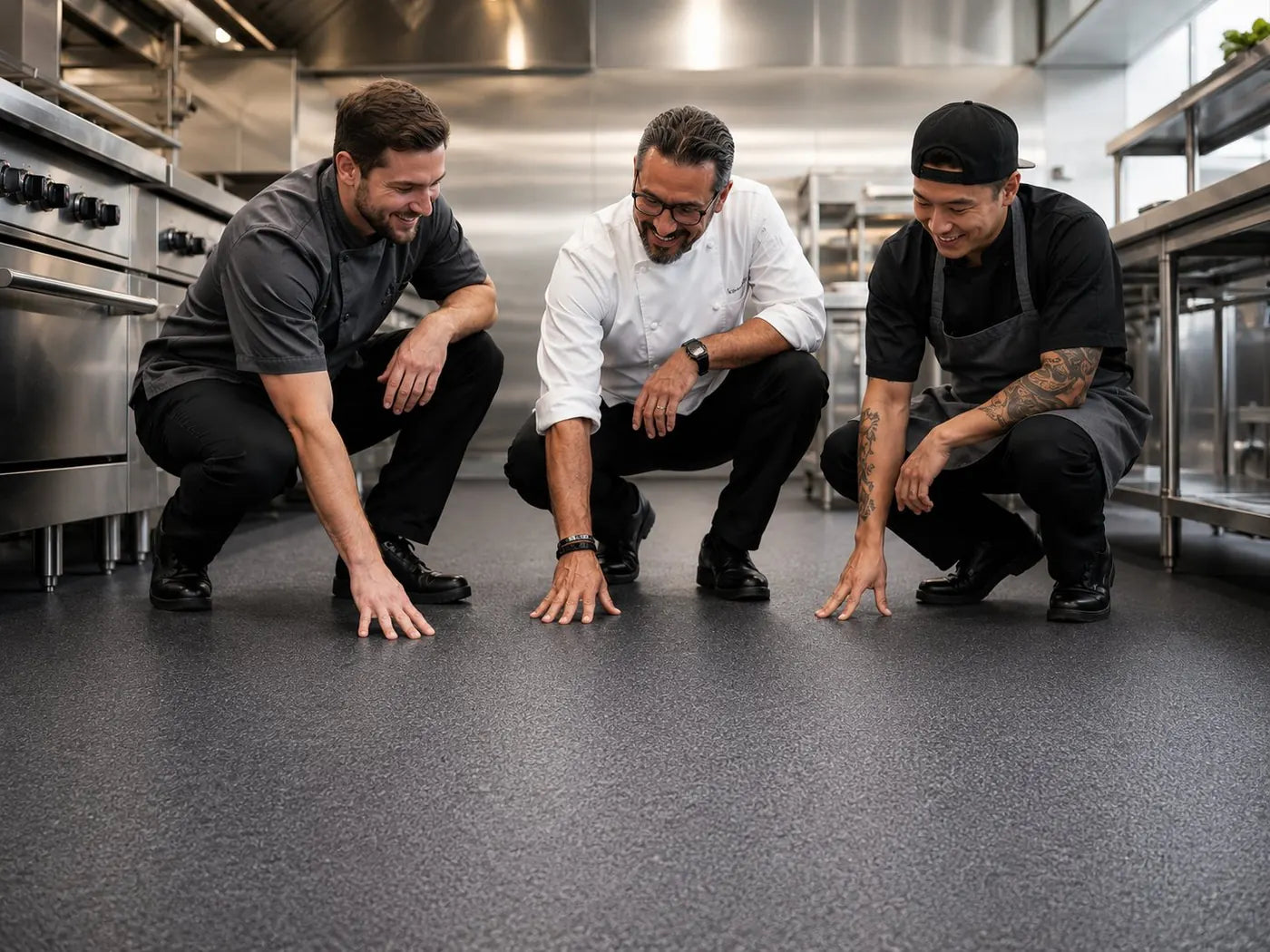 Kitchen crew standing on Eco-Grip flooring in a commercial kitchen