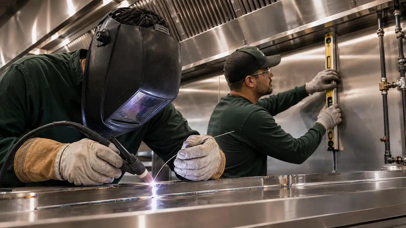 Stainless steel fabrication shop building a custom commercial worktable