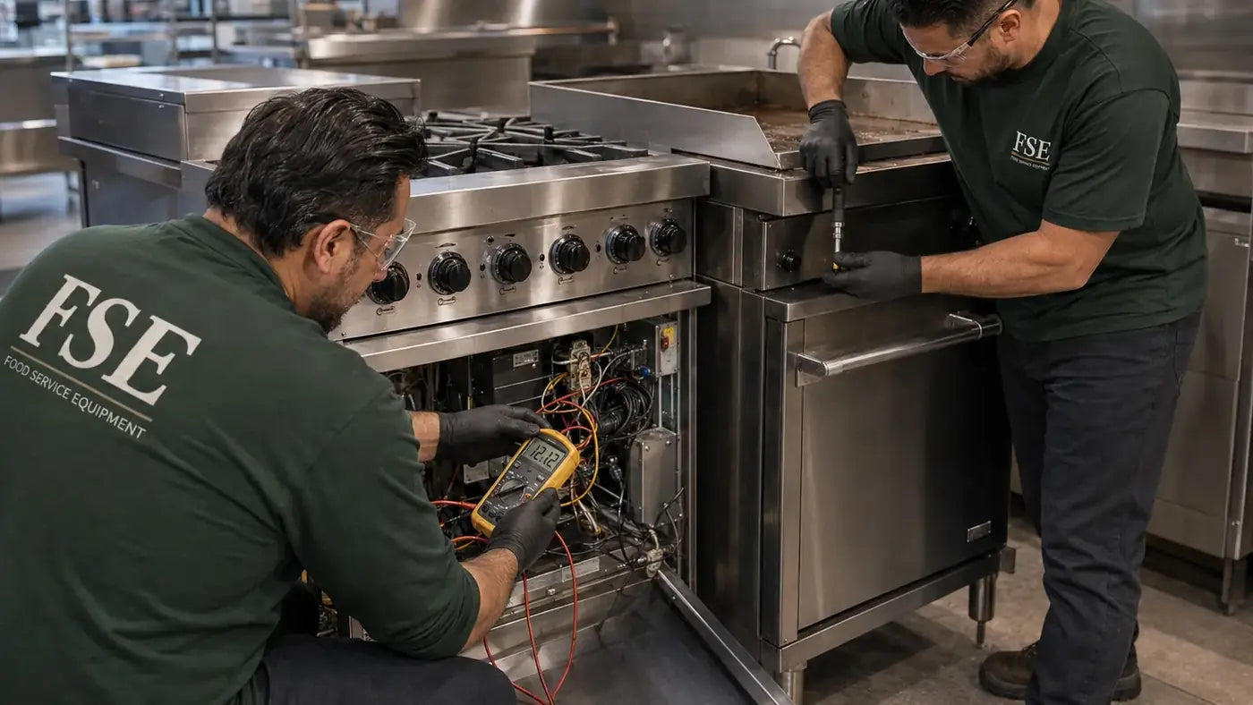 Commercial cooking line with gas range, fryer and combi oven under a stainless hood