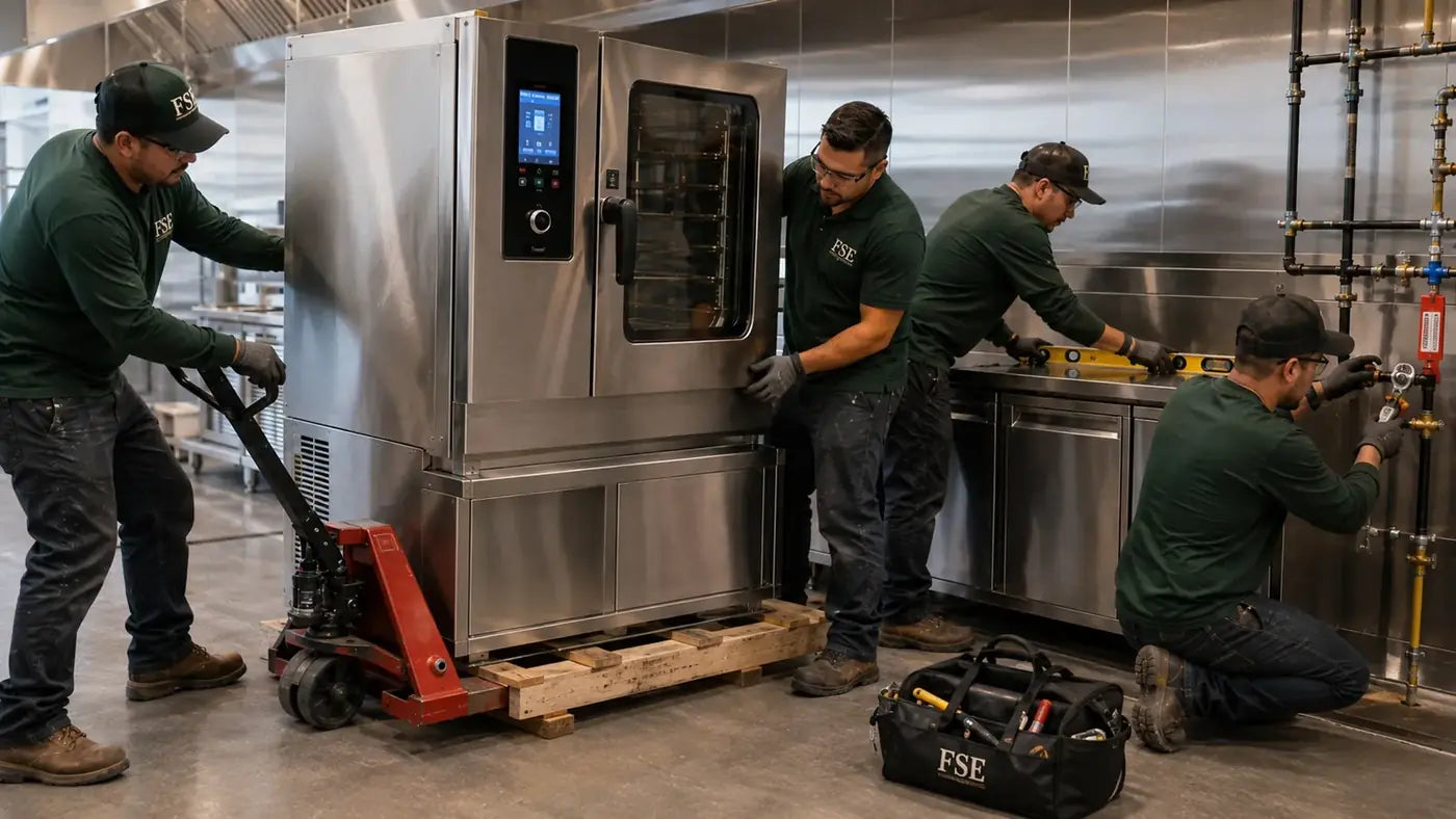 FSE crew rigging a commercial combi oven into a restaurant kitchen